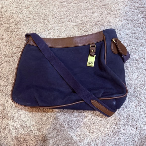 Etienne Aigner Crossbody Shoulder Bag Womens Navy Canvas Brown Leather Trim - Picture 1 of 8